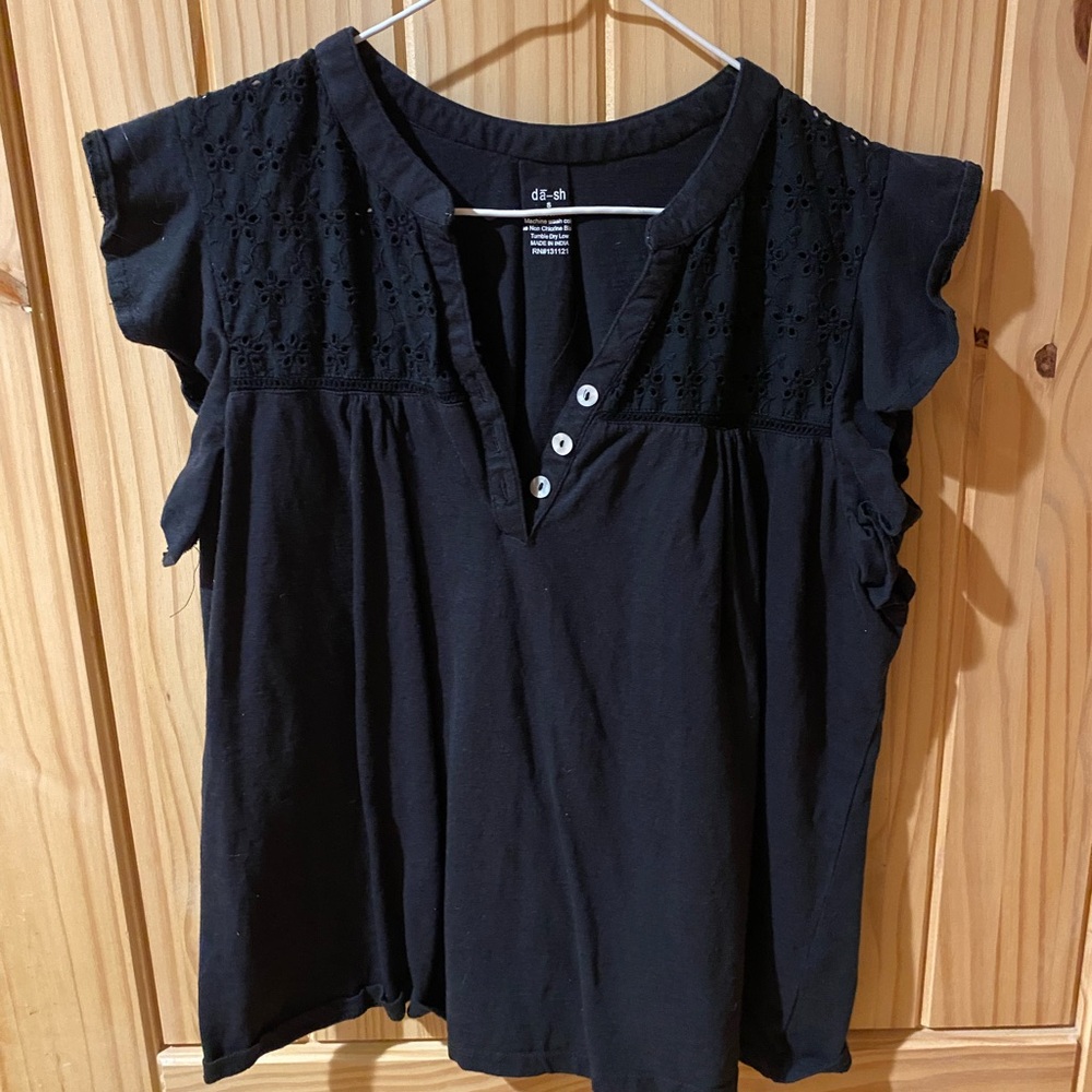 Black Sleeveless Ruffled Blouse with Mandarin Collar